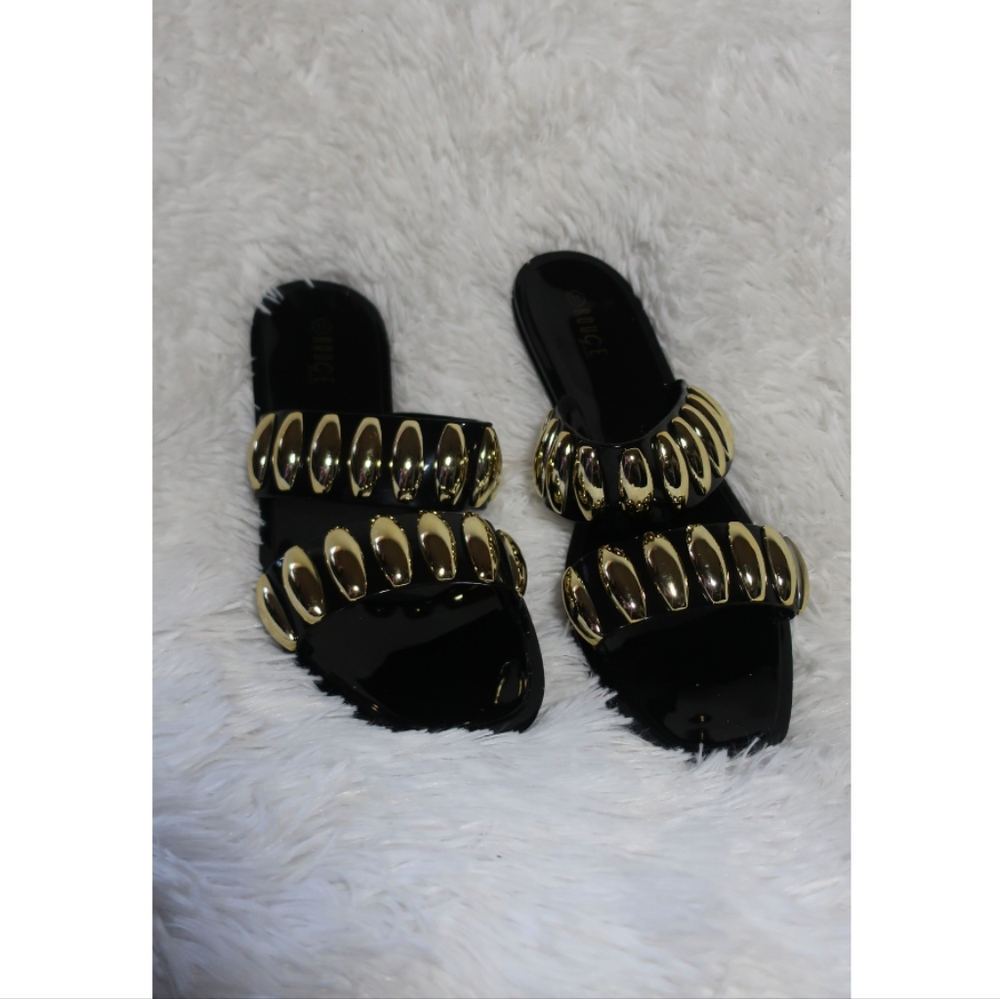 Black and Gold Women's Jelly Bottom Slide Sandals